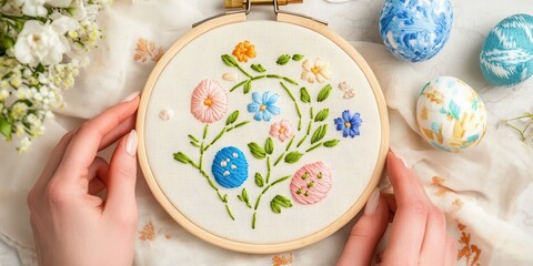 A person displays a beautifully crafted cross-stitched embroidery featuring vibrant flowers and colorful eggs, showcasing intricate artistry and creativity.