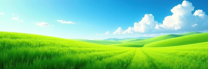 Naklejka premium calm and quiet scene of green fields under open sky, fields, blue, green