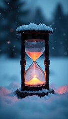 Candlelit hourglass in a cold winter landscape, isolation, frost