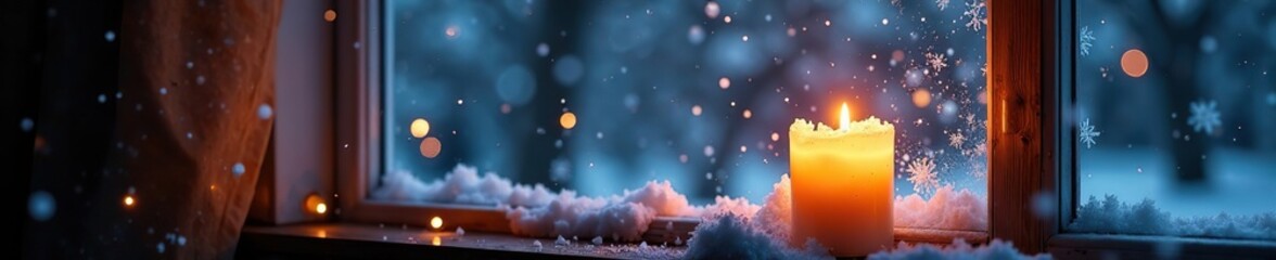 Candlelit window with frosty panes and snowflakes, winter, tranquil, frosty panes