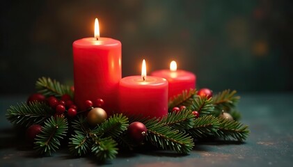 Candles and evergreen branches create a festive holiday scene, advent, christmas