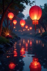 Obraz premium Chinese lanterns float gently in the air above a garden pond at dusk, Atmosphere, Pond