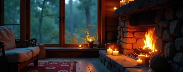 Candles and fireplaces in a cozy cabin in the woods, intimate, wood, glow