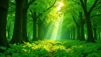 Fototapeta premium Dense young trees, vibrant green leaves, sunlit spaces, woods, trees