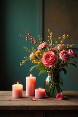 Candles and flowers on a vintage wooden table, wood, table