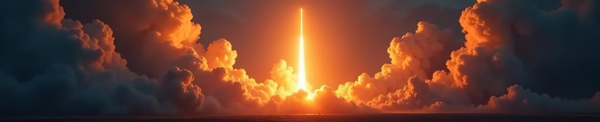 Cloud of smoke and flames surrounds a massive rocket launch, ICBM, defense, launch