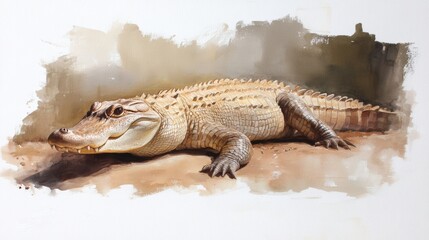 Naklejka premium Crocodile sunbathing on riverbank in tropical environment captured during afternoon hours, drawing