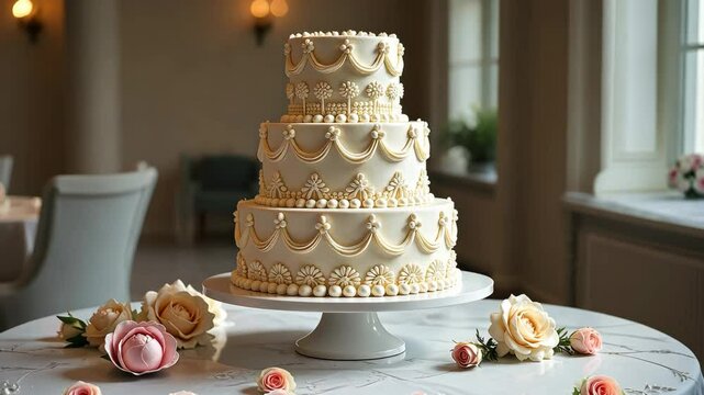 A beautiful three-tiered wedding cake with a white frosting and gold trim is displayed on a white cake stand. The cake is adorned with intricate details and decorations