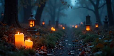 Candles and lanterns illuminate a dark and spooky graveyard, candlelight, autumnal