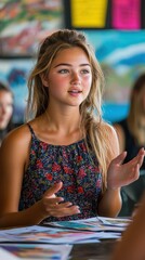 Fototapeta premium Young woman explaining ideas. AI.