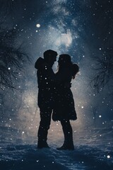 "Couple in winter snow, embracing in night sky, surrounded by falling snowflakes"