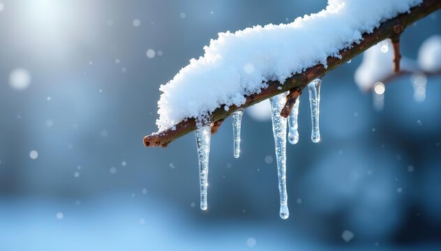 Closeup of icicles hanging from a snow covered tree branch, winter, snowflakes, nature