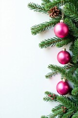 Decorated tree branches with pink ornaments amidst evergreen sprigs on a white background, winter, ornaments