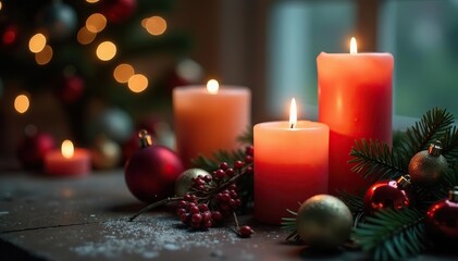 Candles and ornaments create a magical scene on the table, ornaments, candles