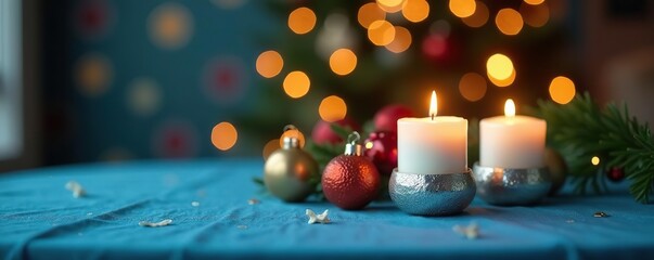 Candles in mercury glass holders on the blue tablecloth, festive decor, decoration, festive