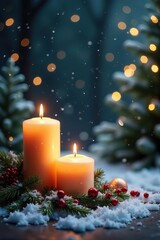 Candles and snowflakes create a whimsical winter wonderland, evergreen trees, cozy atmosphere