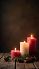 Candles light rustic wooden planks against dark brown background, holiday, dark background