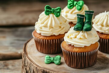 St. patrick's day cupcakes with green decorations on rustic wood