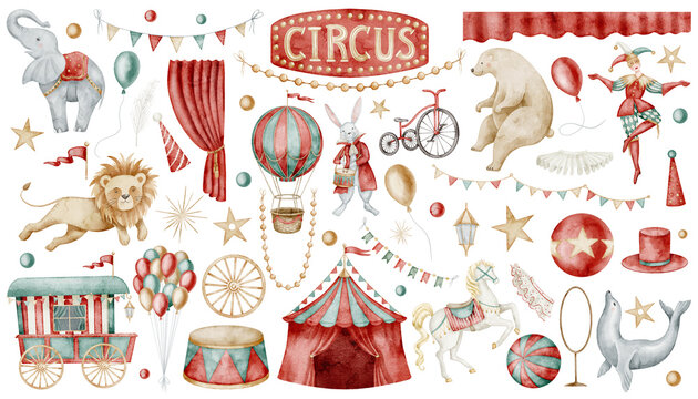 Set of watercolor illustrations with Circus tent, carnival animals and performers. Drawing of bear and lion for Baby shower greeting cards. Art of seal, elephants and balloons for nursery posters.