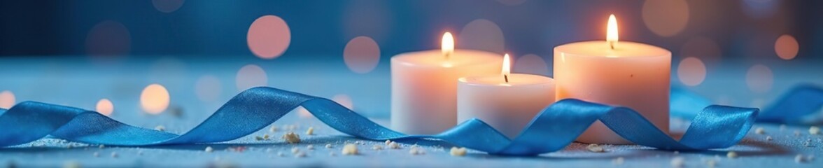 Candles with blue silvery ribbons on a tablecloth, tablecloth, decorations