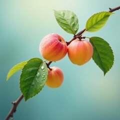 Delicate branch holds golden apricots with intricate leaves and dewdrops, dew, branch, gentle