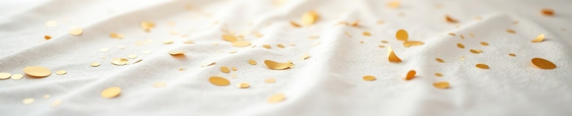 Delicate golden confetti scattered on a plain white tablecloth, paper, cloth, scattering