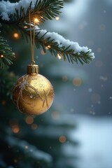 Delicate golden ornament hanging from the branch, festive atmosphere, winter wonderland, wintery scene