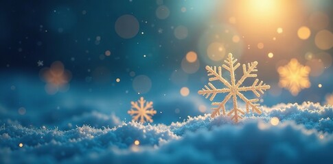Delicate golden snowflakes with glowing light on a serene blue background float gently, delicate, glow