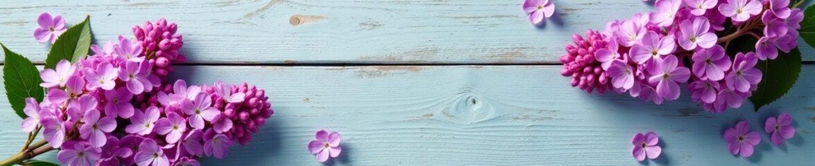 Delicate lilac blooms scattered across a weathered wooden plank, flowers, arrangement