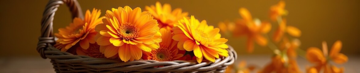 Delicate marigold petals unfurl in a woven basket, basket, nature, petals