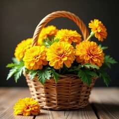 Delicate marigold petals unfurl in a woven basket, marigold, golden