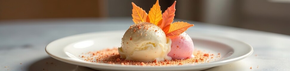 Delicate pastry leaves dance on top of a white plate as a sprinkle of edible glitter catches the light, ice cream, gourmet, fancy dessert