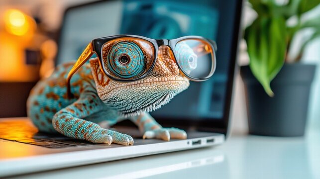 Chameleon working on a laptop. AI.