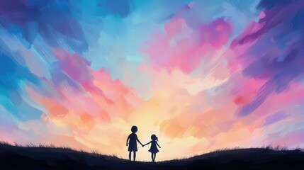 Fototapeta premium Two Silhouettes Holding Hands Against a Vibrant Sunset with Colorful Skies and Soft Grass Landscape