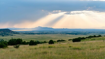 Fototapeta premium Panoramic Landscape at Sunset with Sun Rays