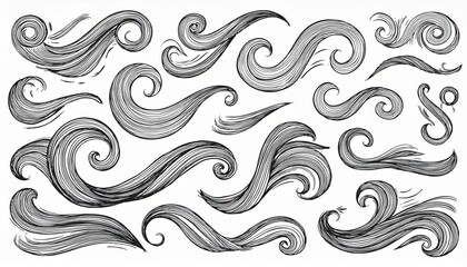 Doodle wind line sketch set. Hand drawn doodle wind motion, air blow, swirl elements. Sketch drawn air blow motion, smoke flow art, abstract line. Isolated perfect any project.