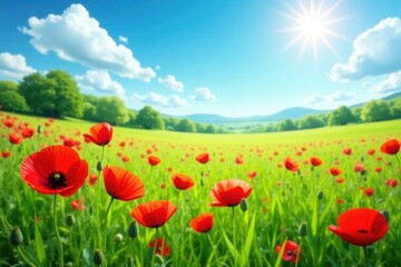 Red poppies scattered across a lush green meadow under a bright summer sky , poppy, landscape