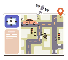 AI-powered navigation system managing traffic with sensors, satellite, pedestrian crossing, car, and traffic lights. Ideal for smart cities, navigation, traffic optimization, AI urban planning IoT
