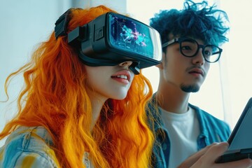 A woman with vibrant orange hair uses a VR headset, experiencing a data visualization alongside a blue-haired man.