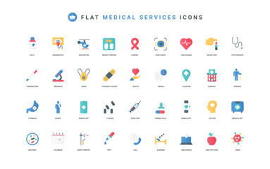 Medical service, emergency first aid, laboratory diagnostics of patient in hospital color icon set. Doctor and stethoscope, pharmacy treatment and pills, health check flat elements vector illustration