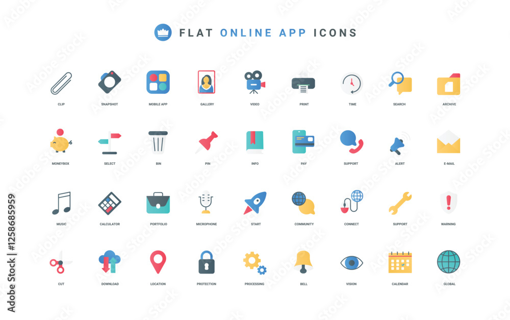 Poster Mobile apps and services for smartphone color icon set. Digital applications for data protection and download, video and music, notification and tools of support flat elements vector illustration