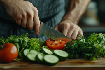 Close-up shot of a man preparing a salad and cutting tomatoes for dinner.