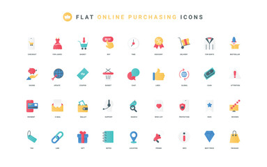 Fototapeta premium Shopping and sales in online store with discount coupons, order in mobile application color icon set. Location for delivery, payment for basket and support service flat elements vector illustration