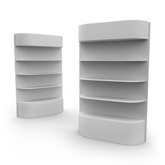 Supermarket Promotional Display Rack, Empty Product Display Shelf, PDQ Display Box With Two Different View, Floor Stand Display. 3D Render Illustration.