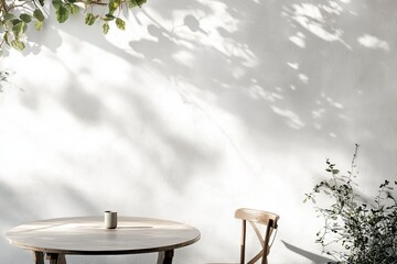 Sunlit patio table, chair, plants, shadows, wall, mockup