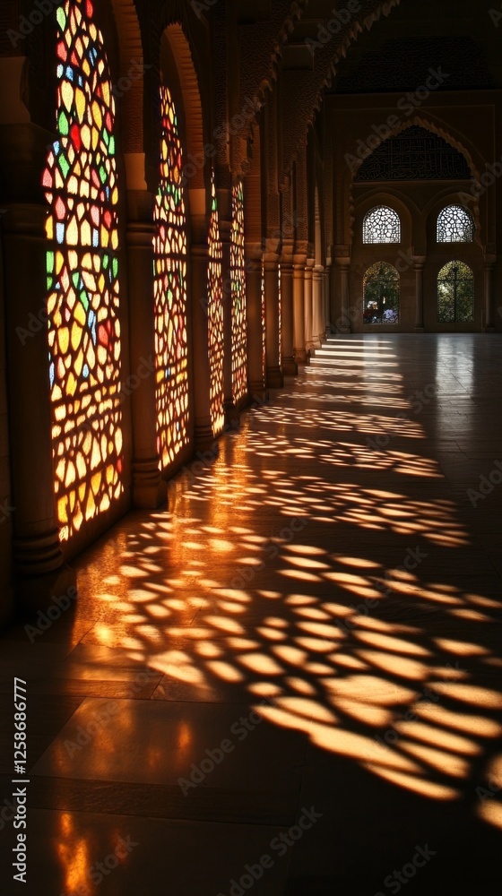 Poster sunlight filters through ornate stained glass windows, casting vibrant patterns on the polished floo