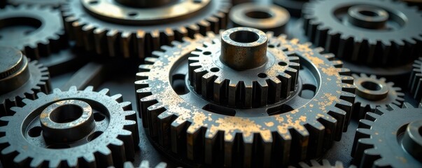 Close-up of massive industrial gears, cogs meshing, technology, asset, steel