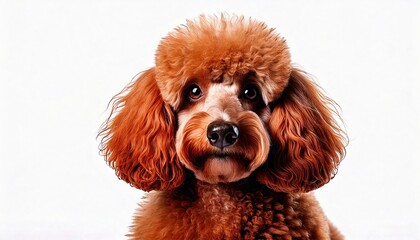 Adorable orange poodle dog with fluffy fur posing in front of a white background