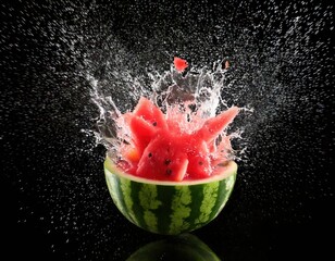 Watermelon explosion creates an artistic splash of red fruit in black background