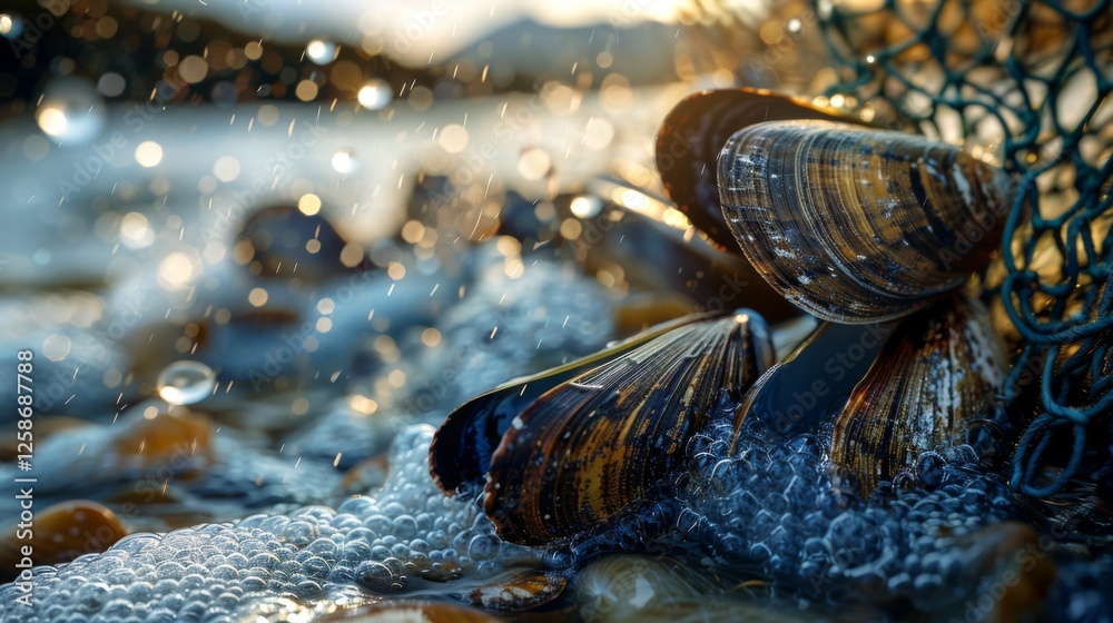 Aufkleber seashells and mussels are illuminated by the sunset, resting on a rocky shore. water splashes around